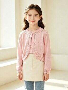 2/25 Girls Scallop Trim Single Button Cardigan